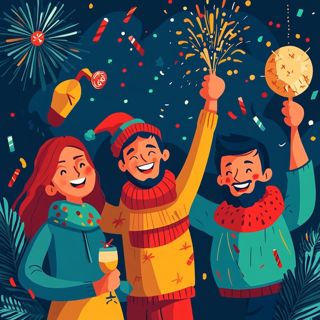 a poster with a couple celebrating new year and fireworks