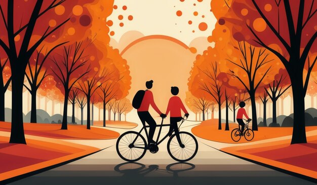 a poster with a couple riding bikes in the park