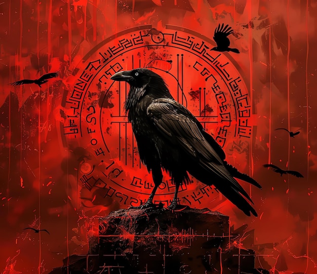 a poster with a crow and a bird on it