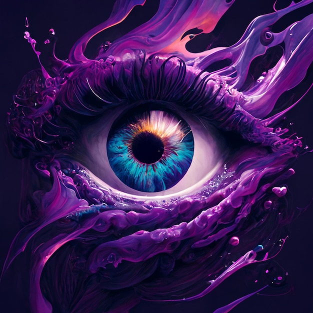 A poster with an eye and purple and orange colors.