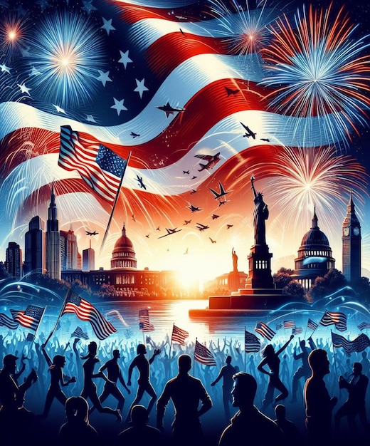 a poster with a flag and a crowd of people in front of the united states flag