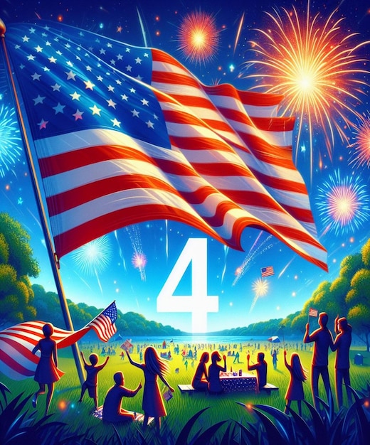 a poster with a flag and a flag with the number 4 on it