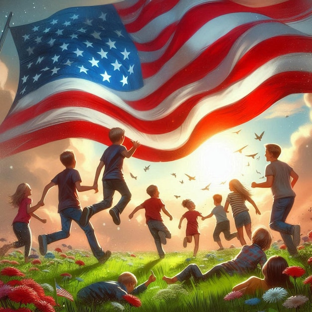 a poster with a flag and a man running with other children