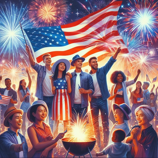 a poster with a flag and people holding a flag and fireworks