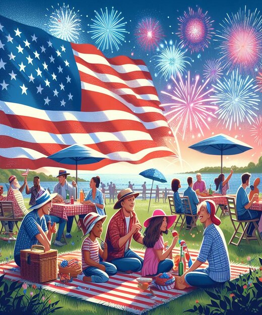 a poster with a flag and people sitting around a table with a flag and people sitting around it