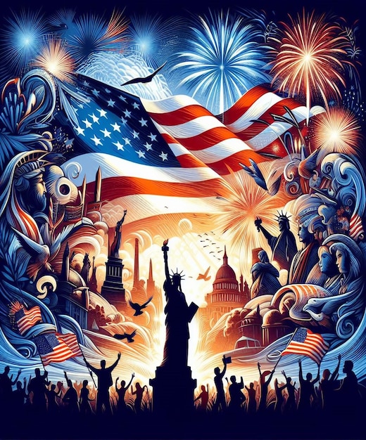 a poster with a flag and a statue of liberty in the background