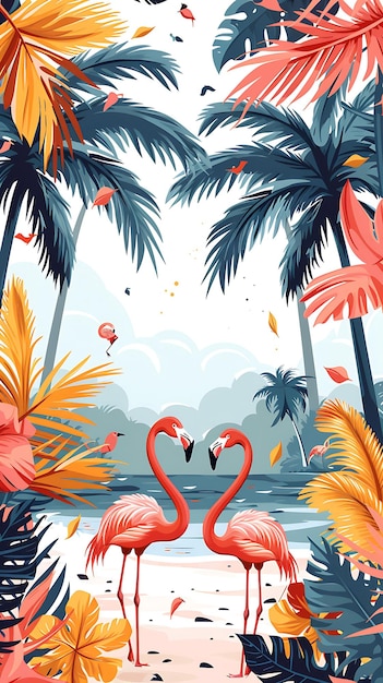 Photo a poster with flamingos and palm trees in the background