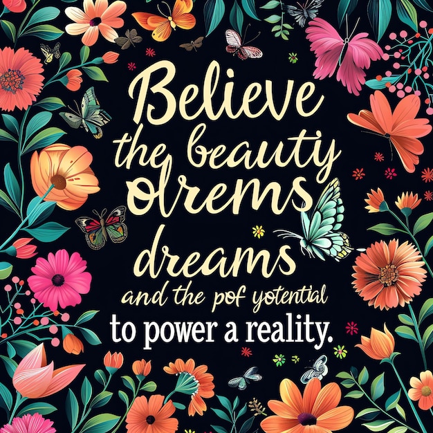 a poster with flowers and butterflies and the words believe the beauty dreams of a cat