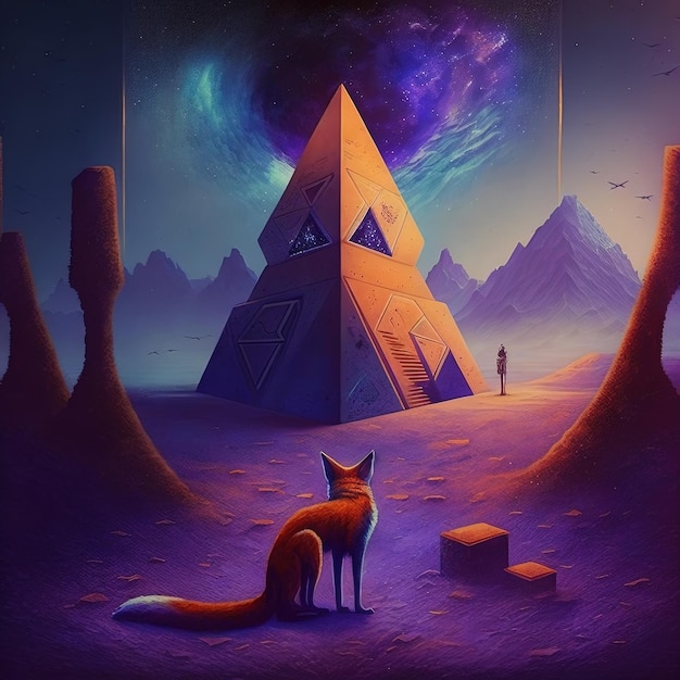 a poster with a fox and a pyramid with a person in the background