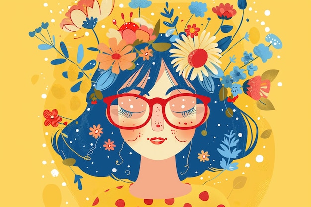 Photo a poster with a girl wearing glasses and a red frame with flowers and a yellow background