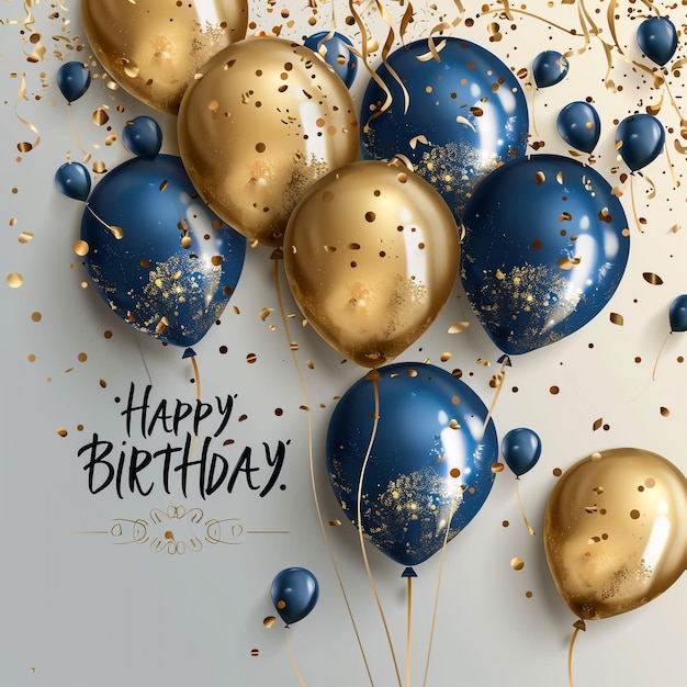 Photo a poster with gold and blue balloons and gold glitter on it