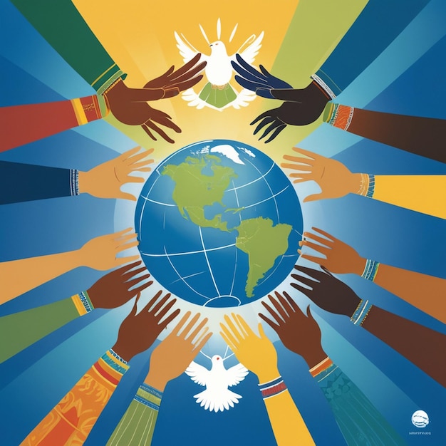 a poster with a group of people holding hands with the world around it