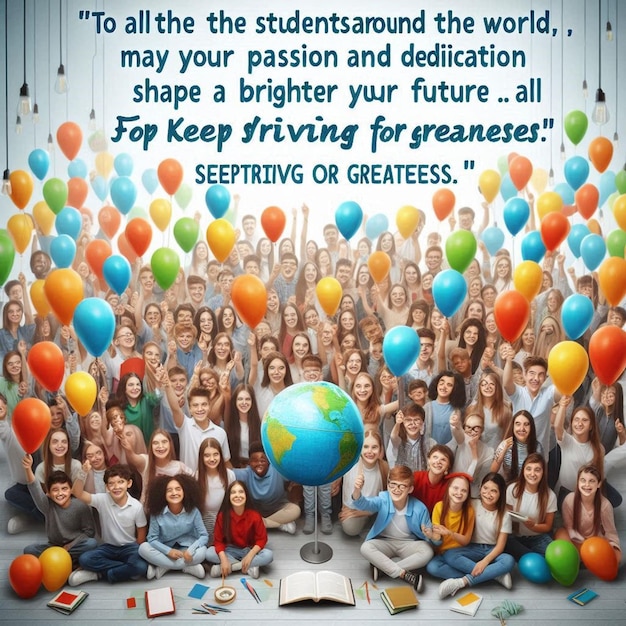 Photo a poster with a group of people with balloons and a quote about the world