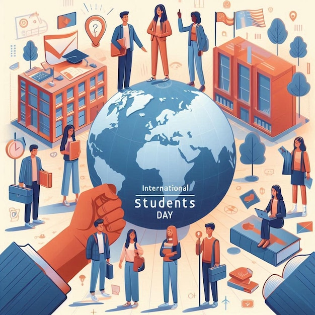 a poster with a hand holding a globe with people around it