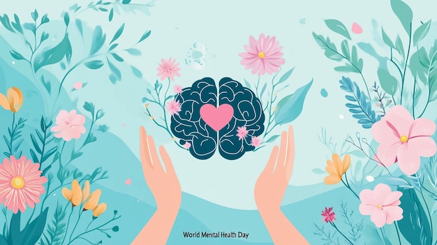 poster with hands holding a brain with flowers and hands