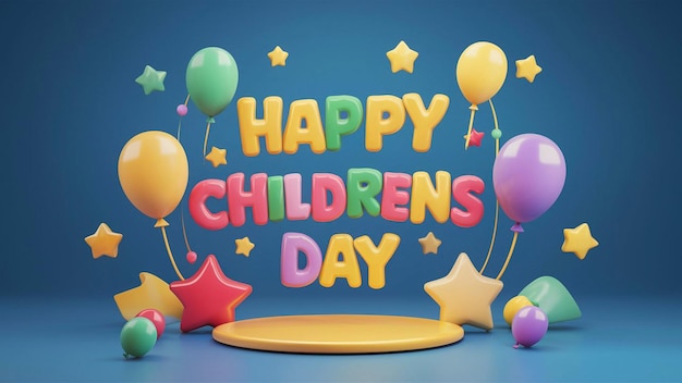 a poster with a happy childrens day written in blue and yellow