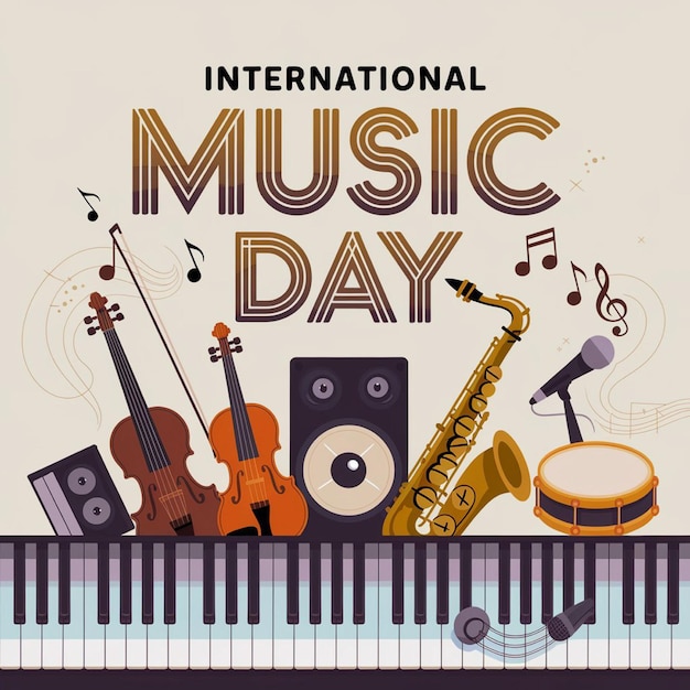 A poster with international music day and a musical instrument background poster illustrations