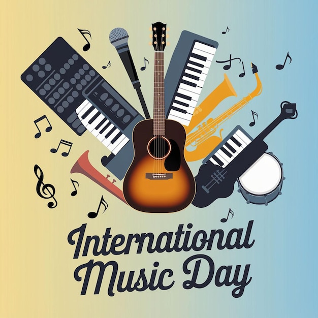 A poster with international music day and a musical instrument background poster illustrations