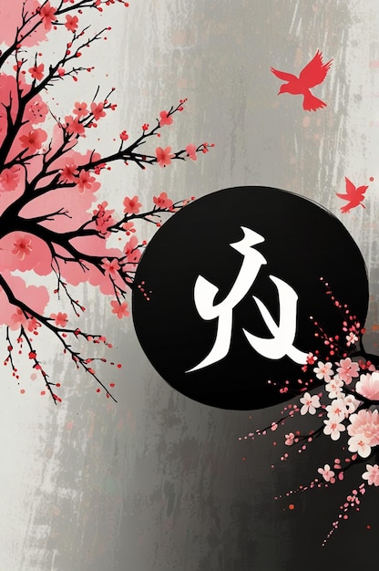 a poster with a japanese character and a black circle with the words japanese characters on it