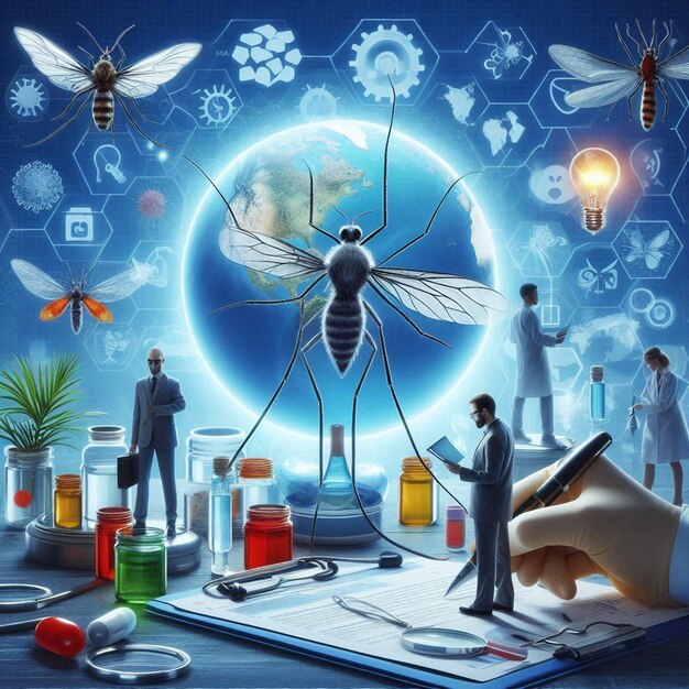 a poster with a large blue circle with a large bug on it