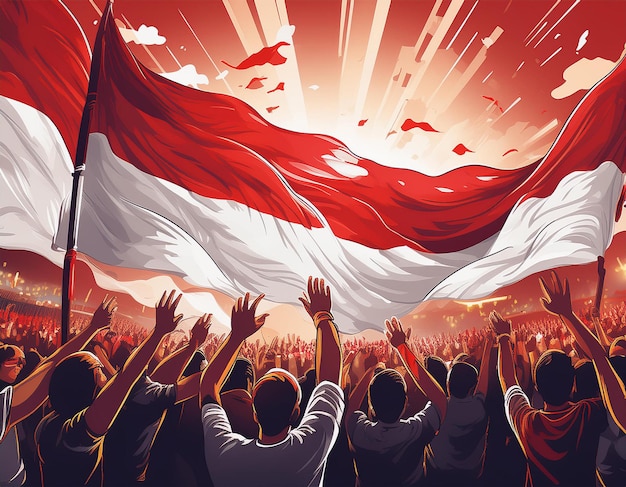 a poster with a large group of people with a flag and a red and white flag