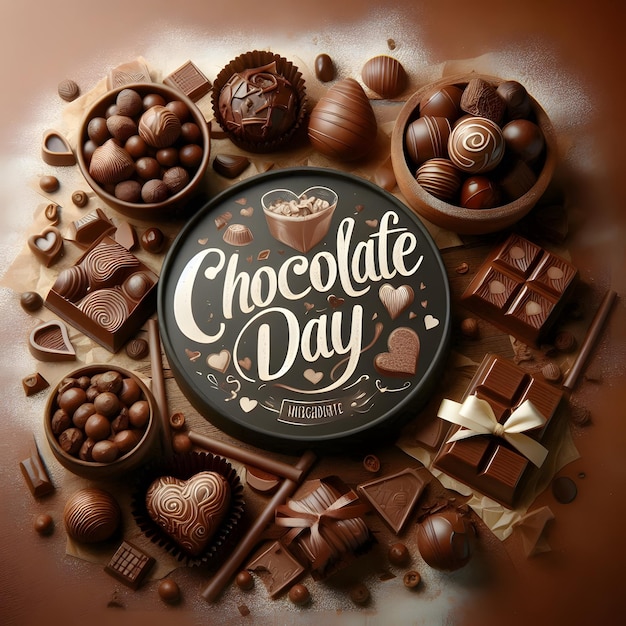 A poster with a lot of chocolates that says chocolate day on it