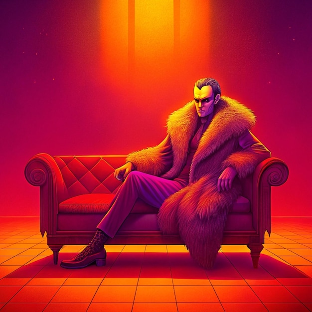 a poster with a man in a fur coat sitting on a couch