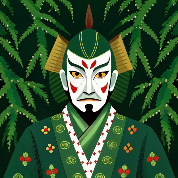 Photo a poster with a man in a kimono with a green background