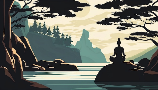 a poster with a man meditating in front of a river and a forest with a mountain in the background