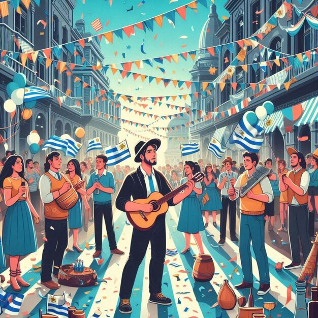 Photo a poster with a man playing a guitar in a street with a banner that says the musician