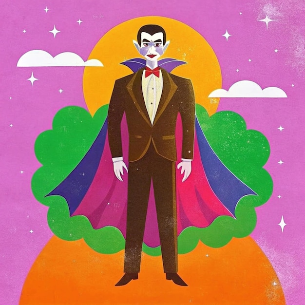 a poster with a man in a suit and a cape with a cape on it