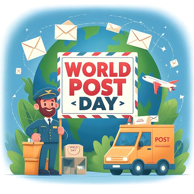 Photo a poster with a man and a truck that says world post day on it