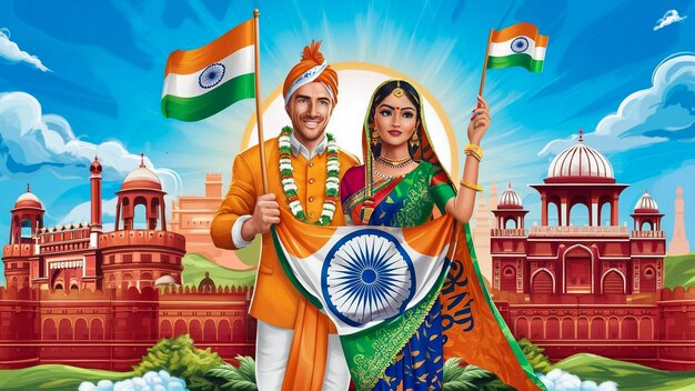 a poster with a man and woman holding flags