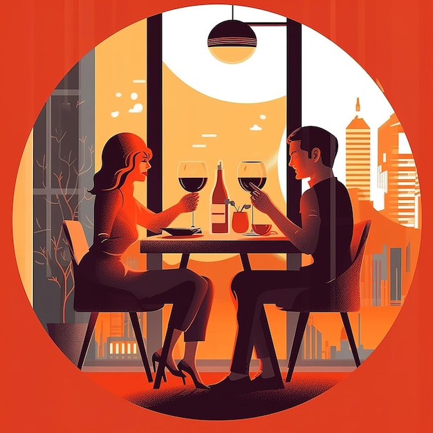 A poster with a man and a woman sitting at a table and a man sitting at a table with two wine glasses.