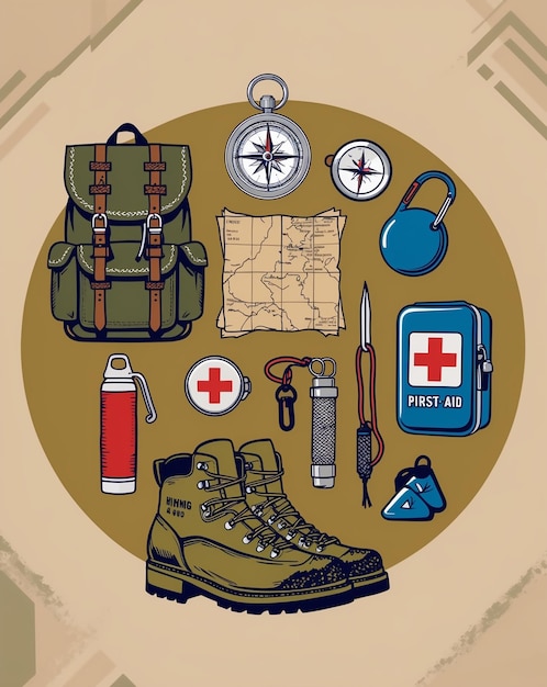 a poster with a map and a pair of shoes and a backpack