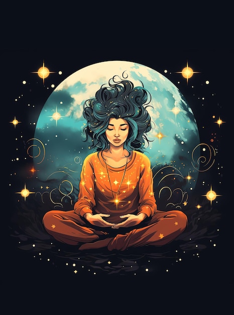 Poster with meditating woman in yoga lotus position or asana Meditation practice