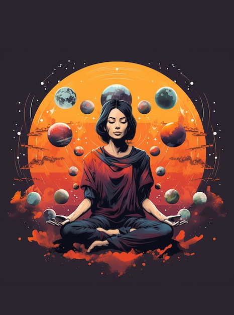 Poster with meditating woman in yoga lotus position or asana Meditation practice