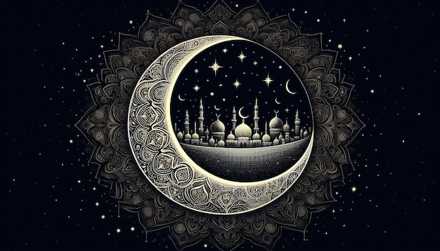 a poster with a moon and a mosque on the top