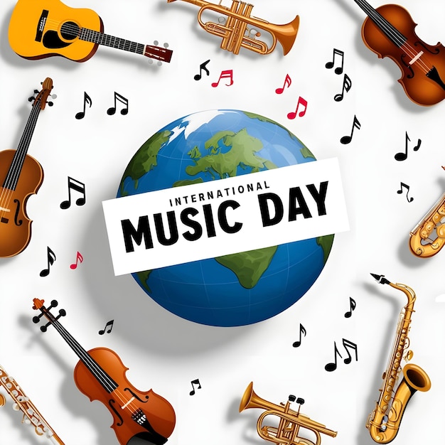 a poster with music notes and a paper that says music day