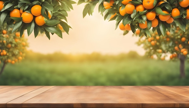 a poster with oranges hanging on a wooden table with a sunset in the background