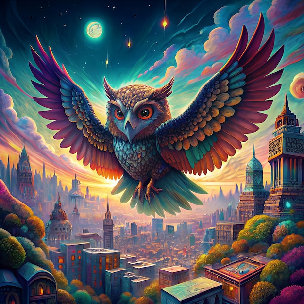 a poster with an owl flying over a city with a moon in the background