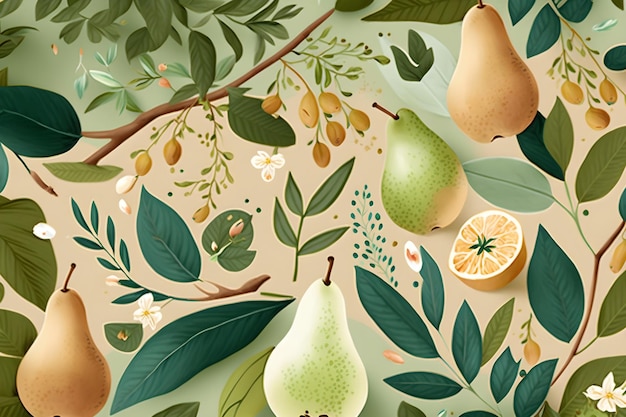 A poster with pears, leaves, and flowers on it.