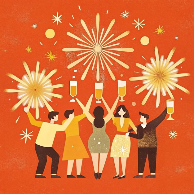 a poster with people celebrating with champagne glasses and fireworks