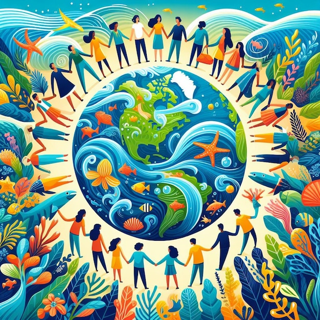 a poster with people holding hands and the world around it