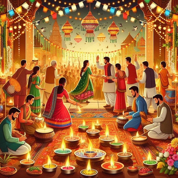 a poster with people and a man sitting in front of a temple with a fire on it