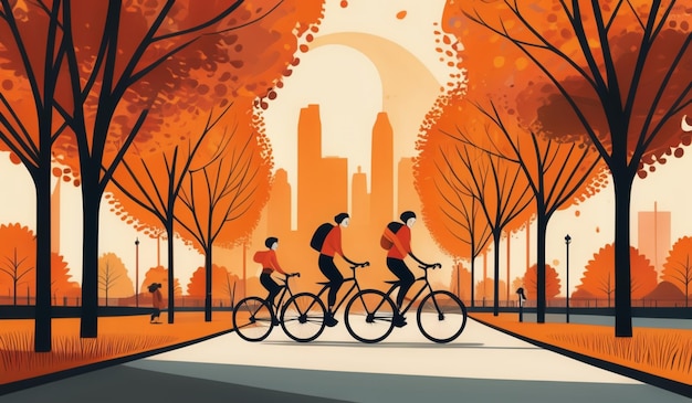 a poster with people riding bikes in the park and the city in the background