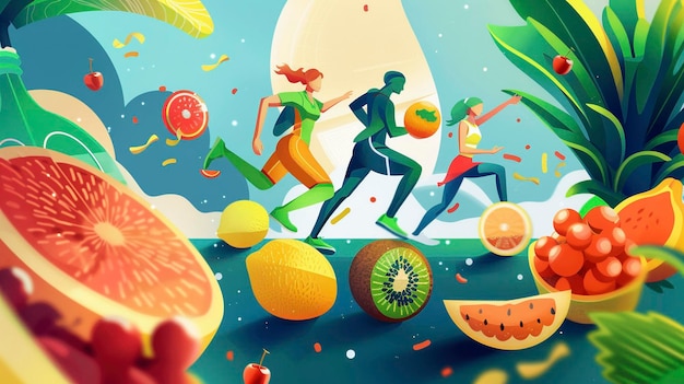 a poster with people running around a fruit and a sign that says  the word  on it