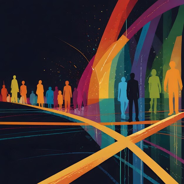 a poster with people standing in front of a rainbow colored background