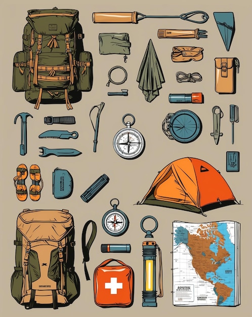 a poster with a picture of a backpack and a map of the area where the gear is