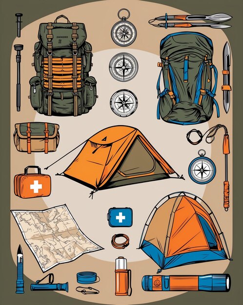 a poster with a picture of a backpack and a map of the camp